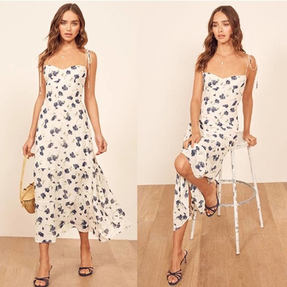 Reformation Dresses & Skirts - Reformation Emmie Midi Tie Strap Women's Dress in Ivory Blueberries Size 6 NWOT